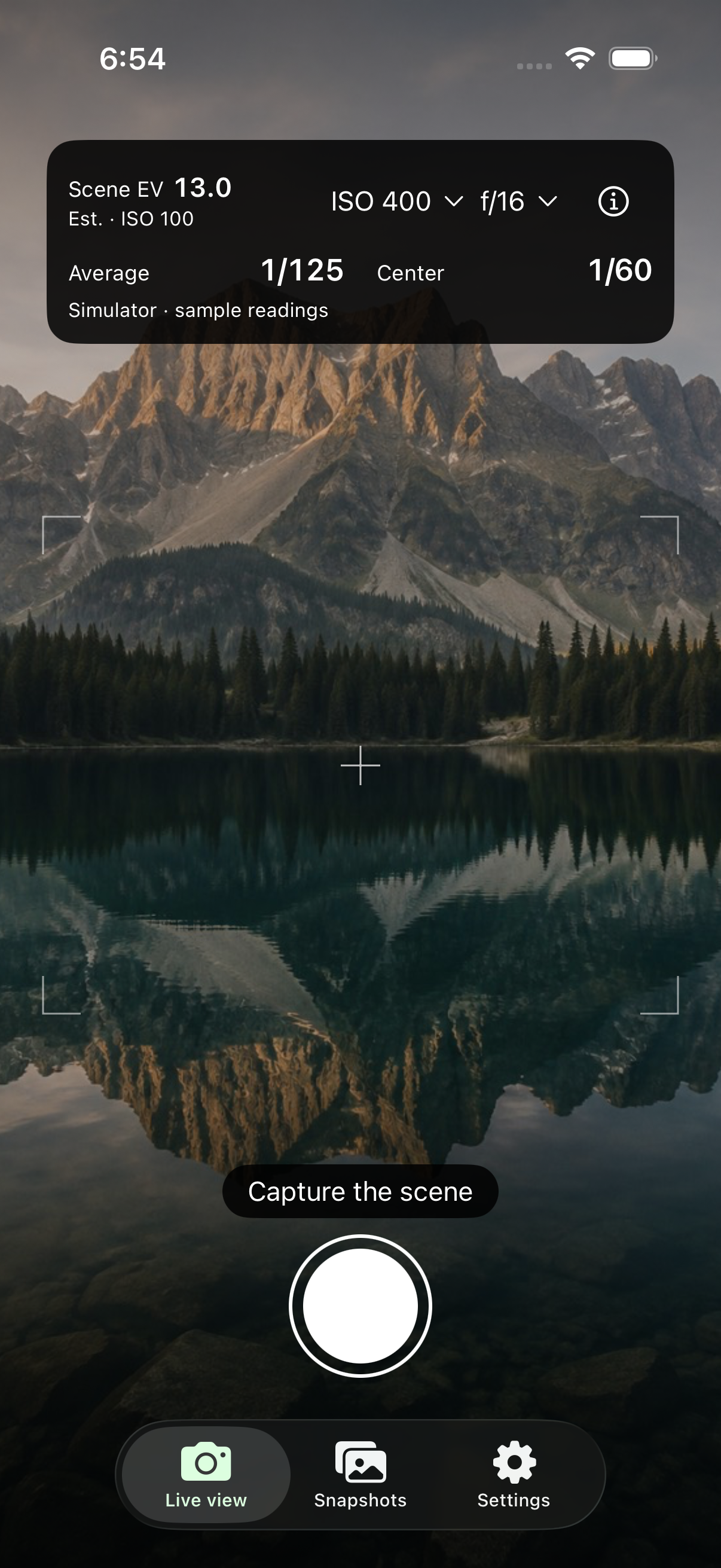 Beta app live view: a mountain lake with Scene EV and Average and Center reference exposure readings.